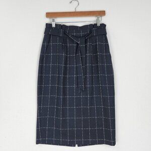 Calvin Klein Skirt Womens 4 Blue Check Belted Midi Pencil Pleated Career Casual